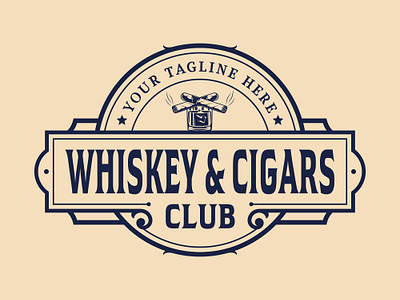 whiskey & Cigars Vintage Badge Logo for whiskey Club smoke shop logo design