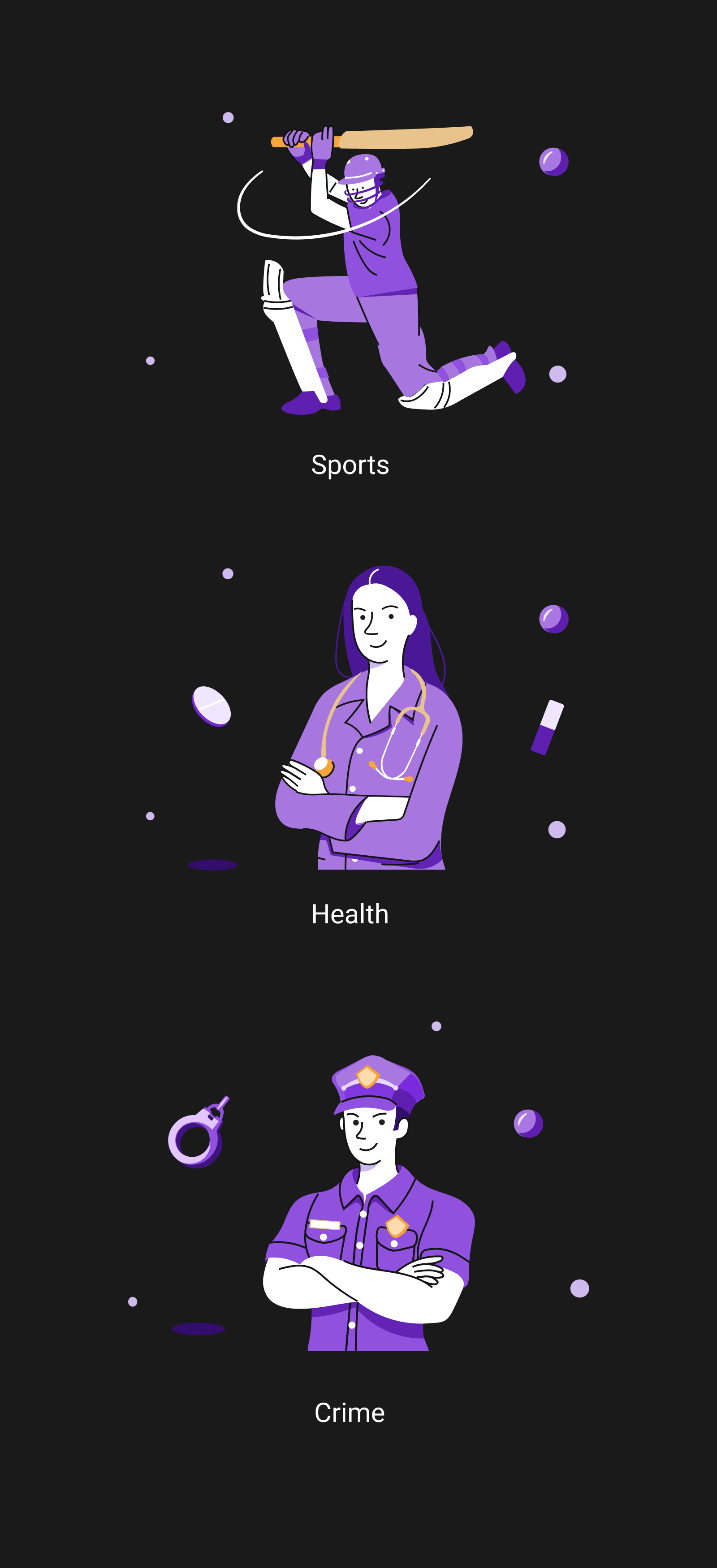 Illustrations of Sports, Health, Crime character crime design health illustration illustration ux ui sports vector web