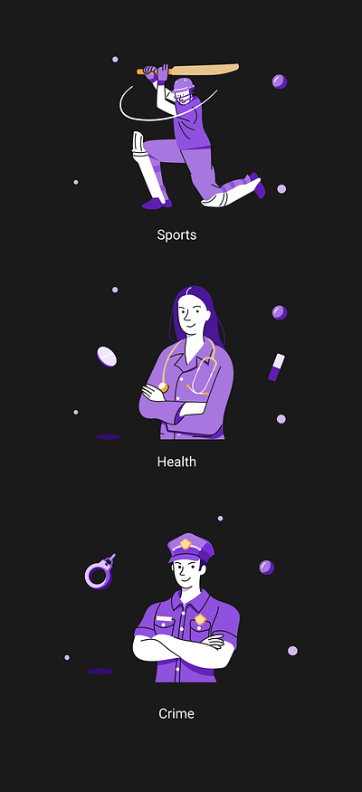 Illustrations of Sports, Health, Crime character crime design health illustration illustration ux ui sports vector web