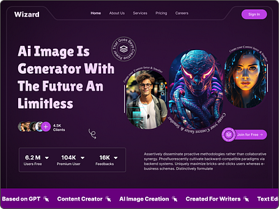 Wizard 🌈- AI Image Generator Landing Page (Hero Design) ai ai image generator art ai art generator artificial intellegent clean digital content generator hero hero ai image ai image generator landing page mechinlearning modern text to image ui uiux website