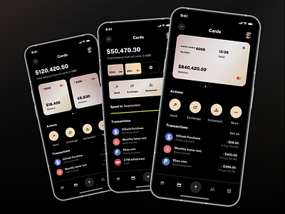 Debit and Credit cards list from Banking App, Dark UI Mode app bank banking black mode credit card dark mode dark ui debit card finance financial app fintech night theme payments transactions transfer ui ux