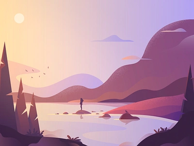 Meditating in nature app beauty focus girl graphic design illustration label lake landscape meditation app mountains nature nice colors packaging soft colors soft palette sunrise tree vector weather