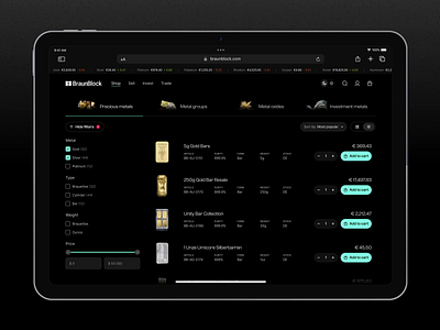 BraunBlock - Catalogue animation catalogue ecommerce ecommerceproduct ecommerceuiux ecommercewebsite gold bar invest motion graphics platium product page rade trading ui uiux ux
