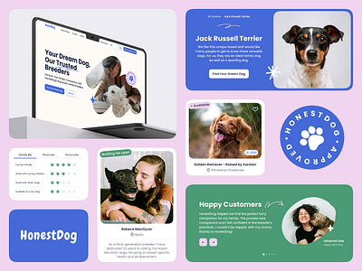 UI Elements for Dog Adoption Platform bento blue branding breed breeder card design dog doodles dream fancy hones join pink puppy stamp trust ui ux webdesign