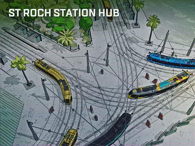 Montpellier trams lines at central station 3d after effects animation cel shading cinema 4d crossroad low poly montpellier toon trams