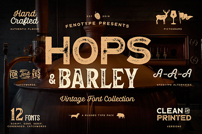 Hops And Barley font Collection 1900s beer coffee collection engraving eroded grotesque hipster packaging rough sans sans serif script serif swash texture toolkit vintage wood woodprint