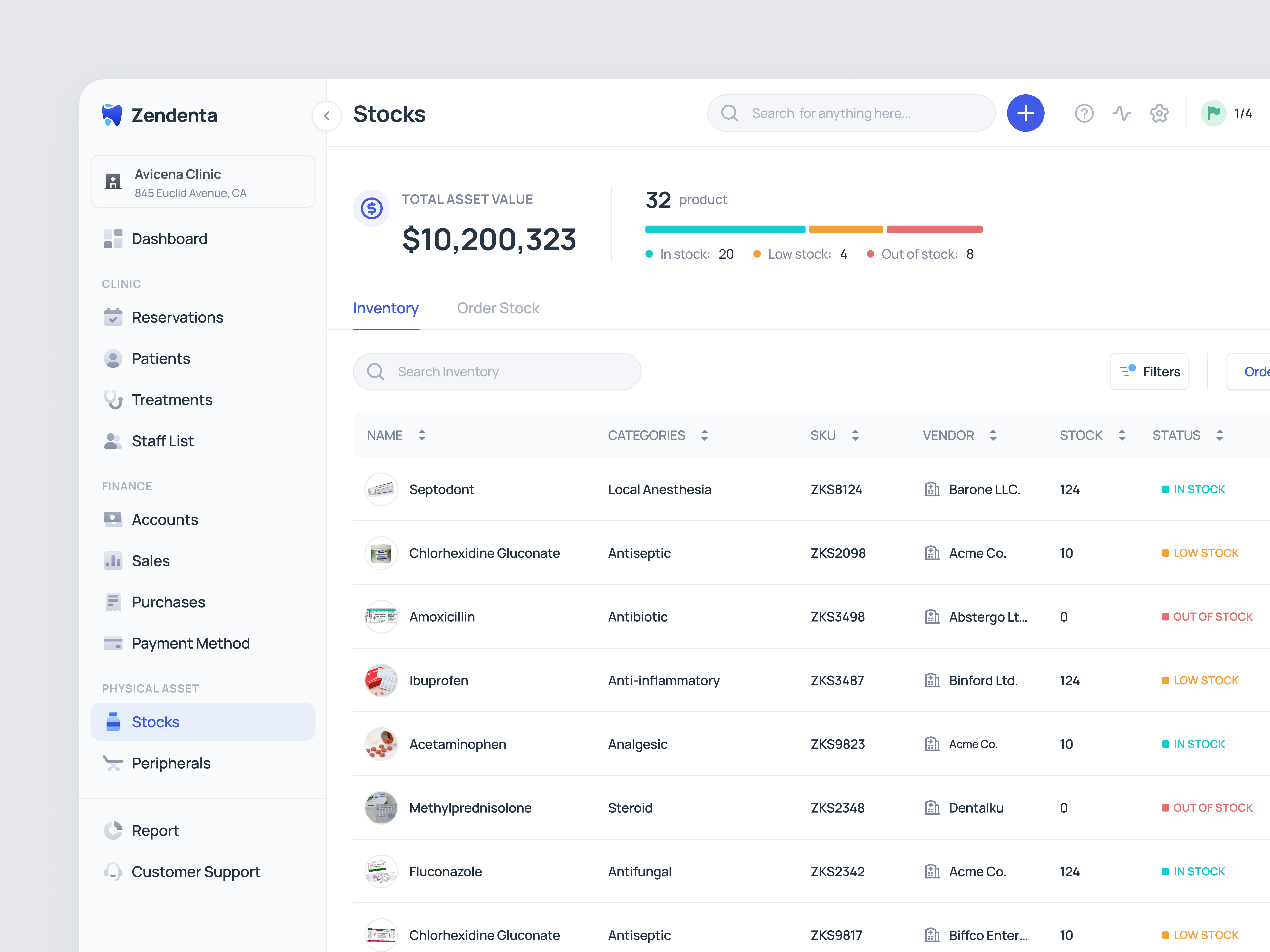 Zendenta - Inventory on the Stocks Page - SaaS of Dental Clinic clinic crm dental dentist ehr emr healthcare hospital inventory management medical records product design saas saas dental stocks ui ux web app web design