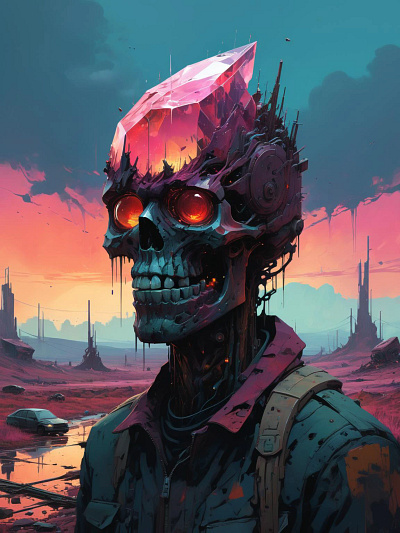 Crystal Skull in a Post-Apocalyptic Landscape art design illustration milbad vector дизайн