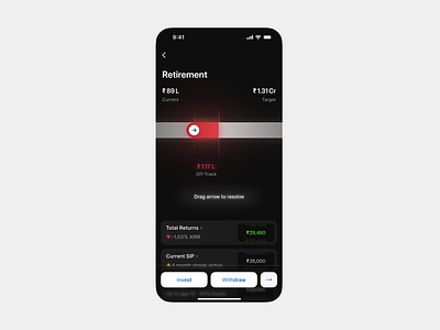 Another concept for goal off-track chart dark mode dashboard drag finance goal graph invest investment mobile mobile dashboard off track retirement track