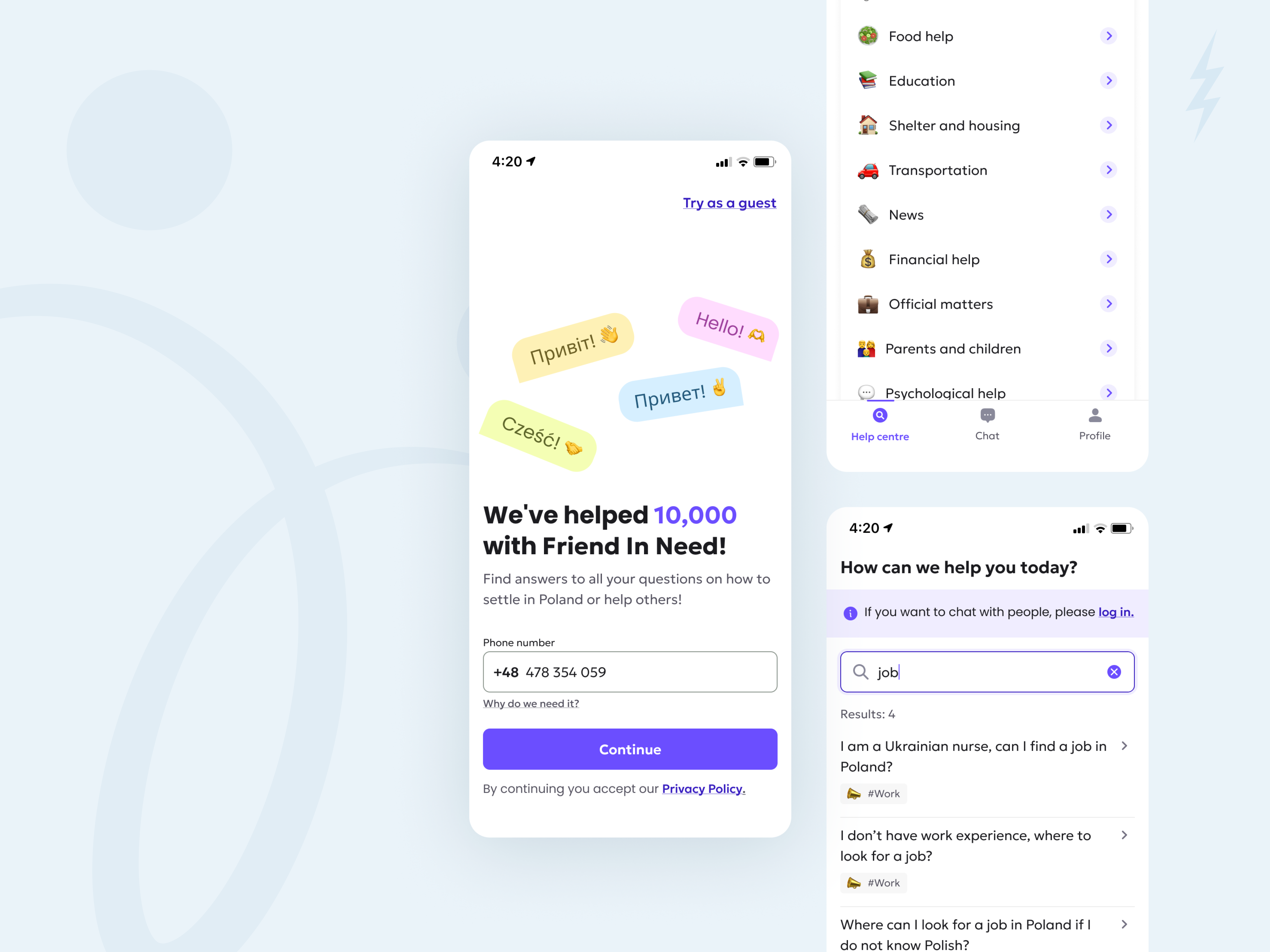 Friend In Need chat clean ui components design emoji help illustration list login minimal mobile design refugee report search support ui ui kit user flow volunteer