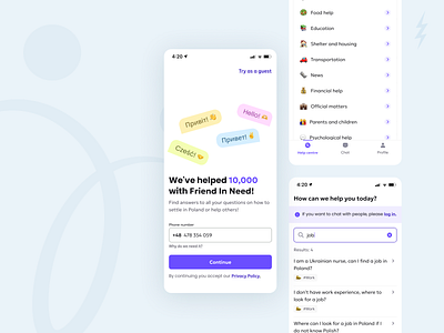 Friend In Need chat clean ui components design emoji help illustration list login minimal mobile design refugee report search support ui ui kit user flow volunteer