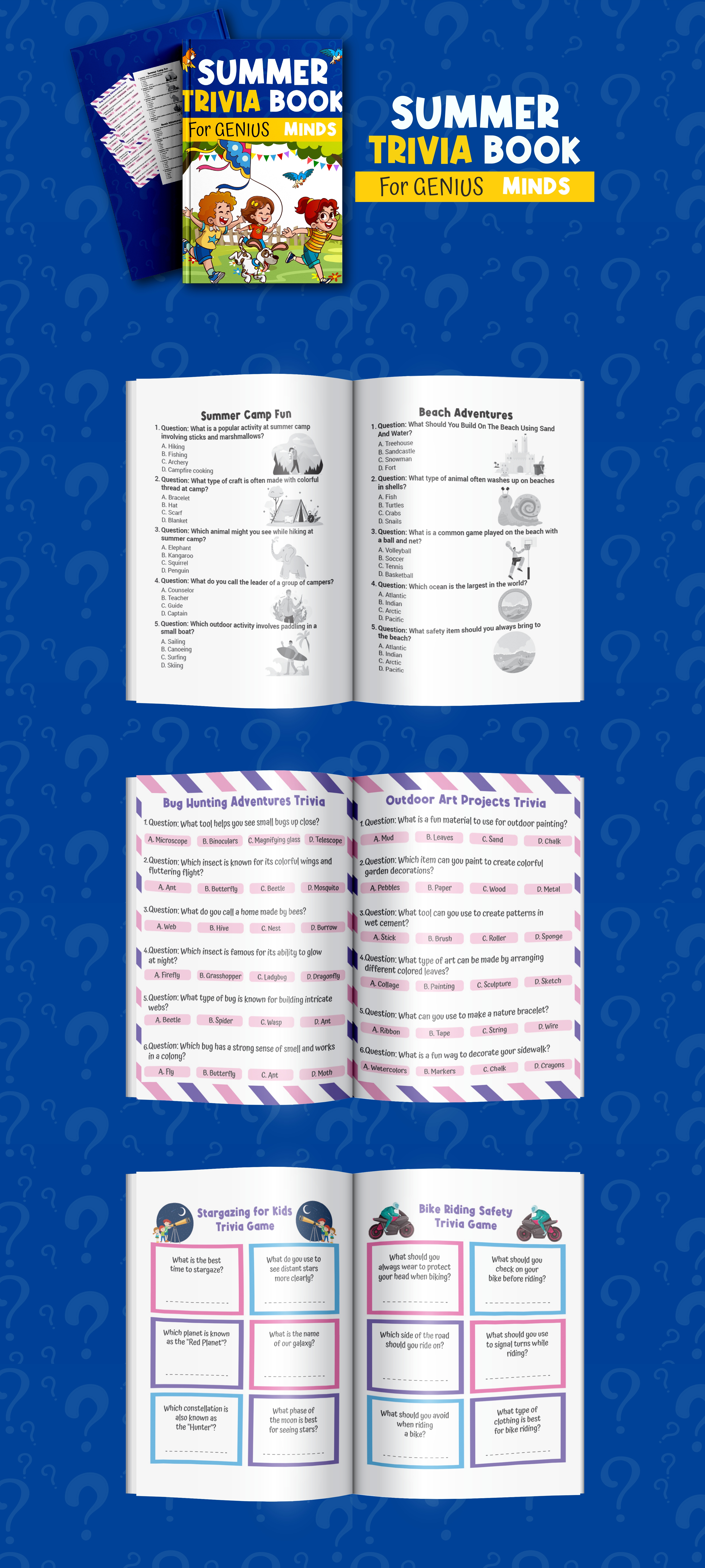 Summer Trivia Book For Genius Minds activity book book cover book design design graphic design illustration kids activity book kids book kids book cover kids cover design summer trivia book