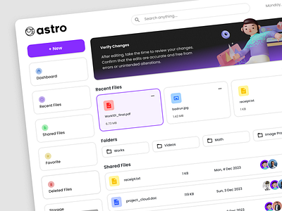 Astro - Cloud Storage Dashboard cloud cloud storage cloude storage dashboard dashboard design drive file file management google drive graphic design management purple saas ui ui design ux ux design web web design website