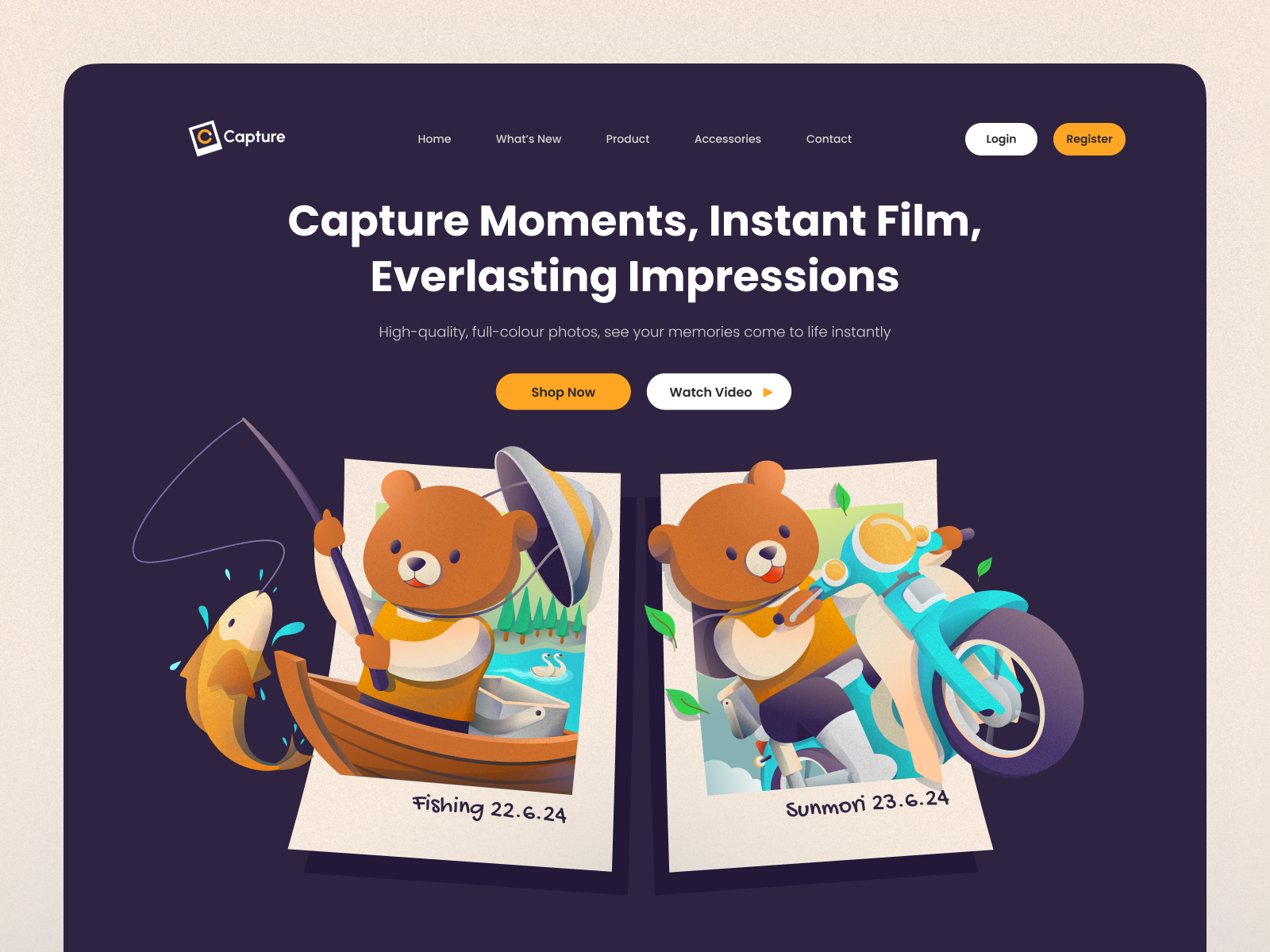 Instant Film Cameras Shop - Illustration adventure bear camera camera film cameras character film fish fishing illustration instant camera instant film journey landing landing page motorcycle polaroid riding