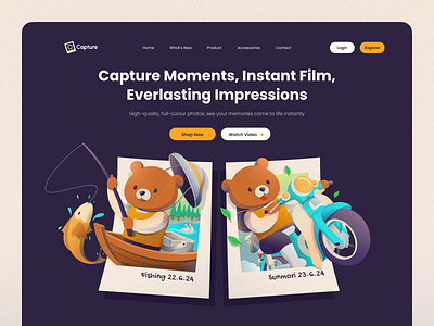 Instant Film Cameras Shop - Illustration adventure bear camera camera film cameras character film fish fishing illustration instant camera instant film journey landing landing page motorcycle polaroid riding