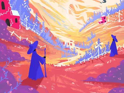 Solarpunk colorful digital drawing illustration landscape scenery solarpunk