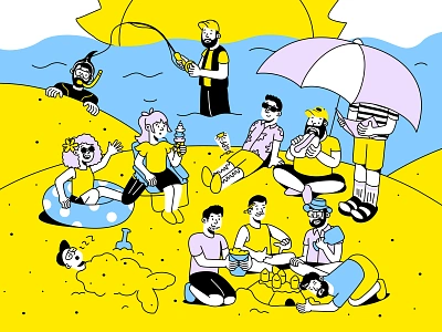 Heyo Summer beach branding character character design collage design figma illustration minimal people portrait summer vector yellow