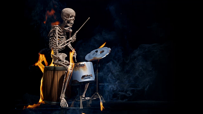 Skeleton playing drums 3d after effects animation blender design drum fiery fire fun funny halloween music play skull slow motion splash video water
