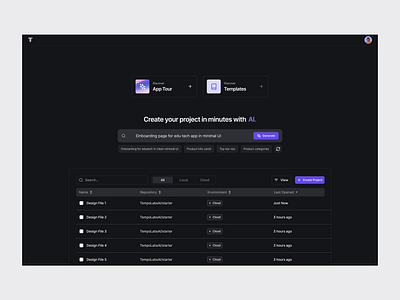 Projects Page Design for Tempo AI ai ai project app tour code builder darkmode dazeign home screen projects page table design tempo tempo ai ui inspiration