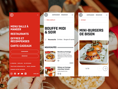 Mobile Restaurant Online Menu for the Website of La Cage animation burger figma food la cage menu mobile montreal motion design online menu red restaurant restaurant menu ui ui design website white