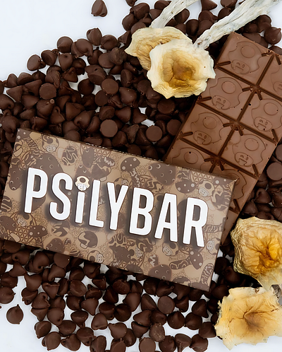 Psilybar Logo, Branding, Product Packaging air jordan brand branding chocolate chocolate bar design graphic design logo magic mushrooms mushrooms product design product packaging psilocybin