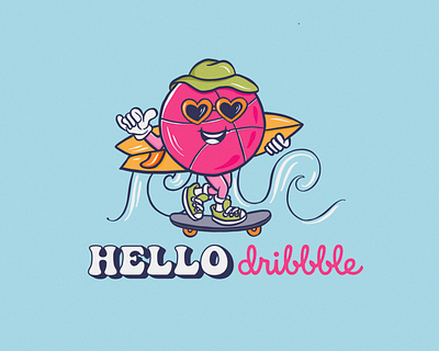 Hello Dribbble! branding character design dribbble first first design graphic design hello hello dribbble illustration logo character logo design mascot retro skateboarding summer surf surfing waves