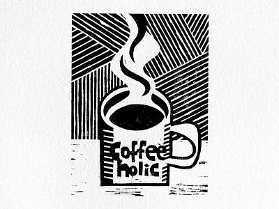 Coffeeholic block print graphic design illustration wood cut