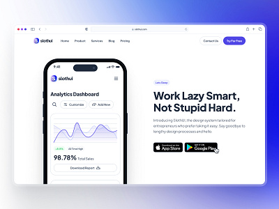 slothUI - World's Laziest Design System - SaaS Hero Layout UIUX blue chart ui clean design system gradient hero hero section hero ui landing page minimal mobile app purple saas saas landing page saas web design saas website ui ui design ui kit web design