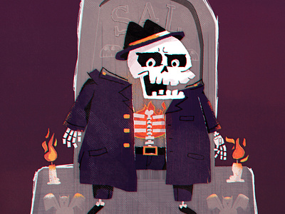 Here Lies Sal boston branding character character design fire flame flat grave halloween hat illustration illustrator skeleton skull suit vector vector art