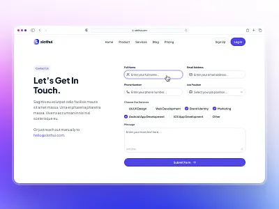 slothUI - World's Laziest Design System - SaaS Contact Page UIUX blue checkbox input clean contact form contact form ui contact page contact ui design system figma get in touch ui gradient minimal purple simple slothui text input text input ui textarea input ui ui design