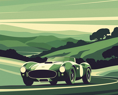 Retro Car art car details digital drive formula 1 graphic design green illustration illustrator monochrome mountains old money procreate races retro car speed sport car toscana valley