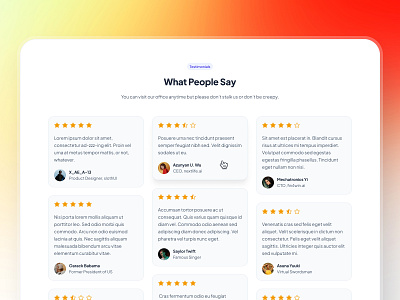 slothUI: World's Laziest Design System | Testimonial Grid Layout design system figma gradient grid grid layout grid ui minimal modern orange rating ui simple slothui soft testimonial testimonial card testimonial grid testimonial layout ui ui kit web design