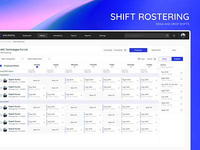 Shift Rostering - Employee Management Dashboard dashboard hrms hrms dashboard minimalistic rosteringapp shiftscheduling ui ux