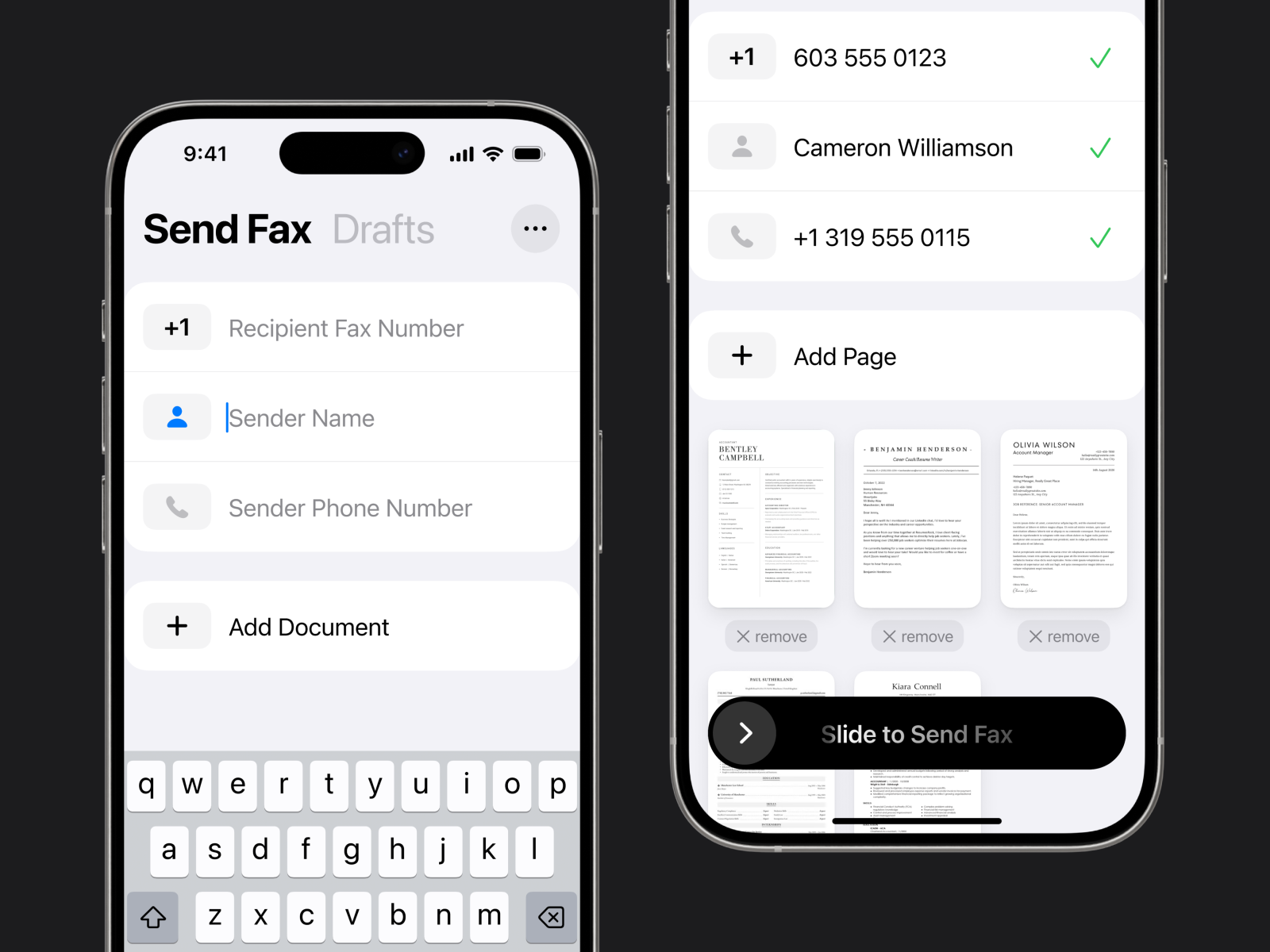 Fax Sending App for iOS app app store black dark design documents drafts fax form interface ios iphone mobile modern send sending simple ui ux white