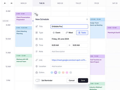 Add New Schedule Page - Calendar Dashboard add schedule calendar dashboard calendar page clean dashboard dates design event meet minimalist new event new schedule new task saas saas dashboard task task management dashboard timetable ui ux