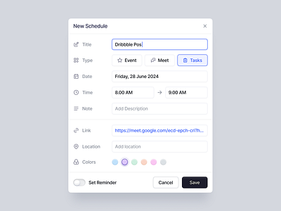 Add New Schedule Page - Calendar Dashboard add schedule calendar dashboard calendar page clean dashboard dates design event meet minimalist new event new schedule new task saas saas dashboard task task management dashboard timetable ui ux