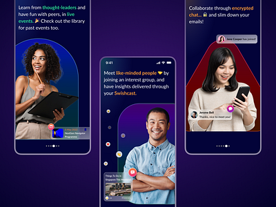 Onboarding screens chat onboarding community dark theme events app mobile app mobile onboarding onboarding onboarding screens tutorial ui design vibrant web3 welcome tour