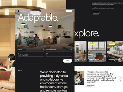 Coworking Space - Landing Page bold branding clean coworking design desktop freelancer hero section homepage landing page layout minimalist space typography ui ux website whitespace