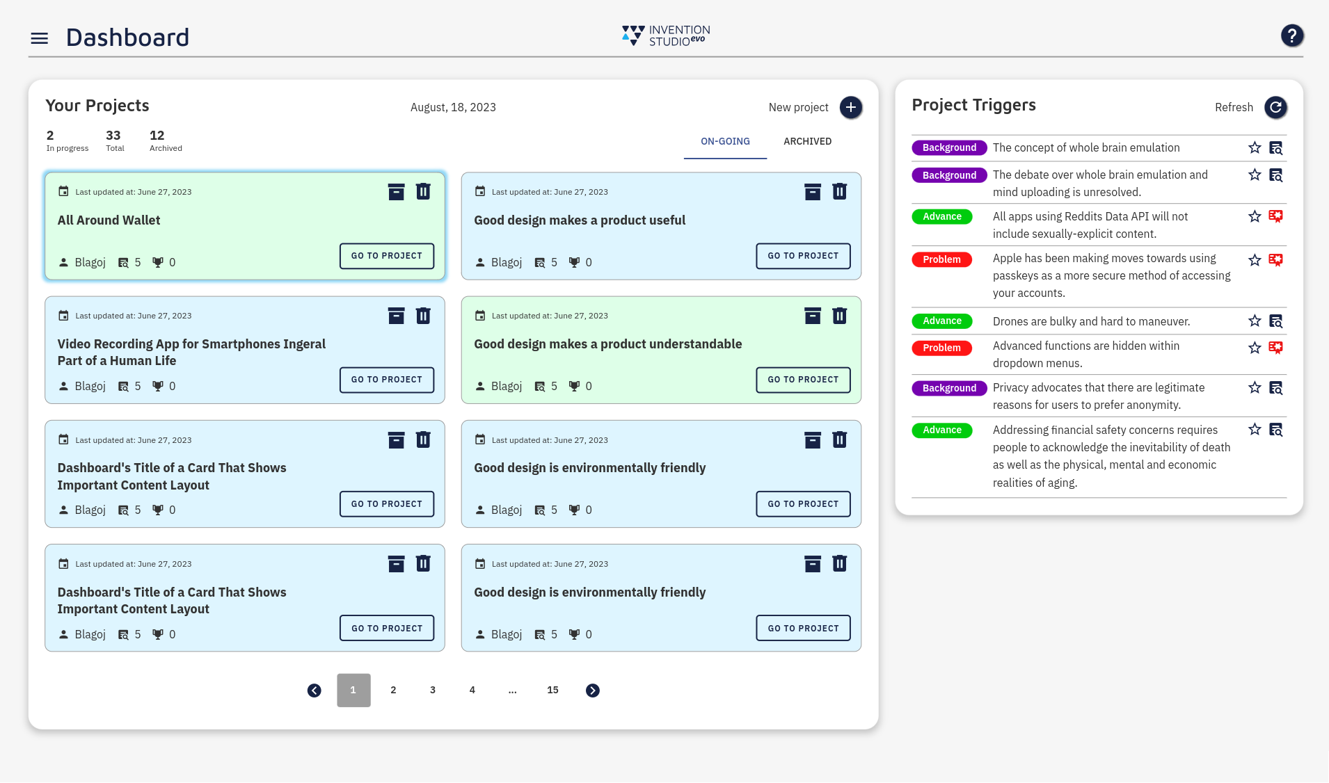 Dashboard for AI supported invention web app app design desktop ui web