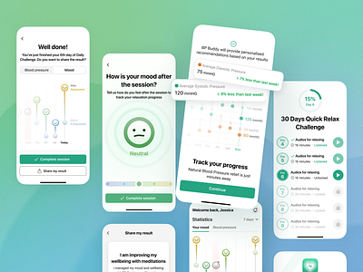 BP Buddy: Enhance Your Health Through Meditation app cards design design system graphs healthcare ios medical meditation mental mental health mobile ui ui kit ux