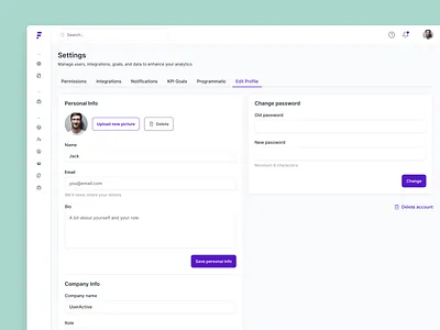 Edit Profile in B2B SaaS MarTech Analytics Settings analytics b2b b2c branding chart charts creative dashboard dataviz design editprofile marketing martech password profile saas settings ui ux visualization