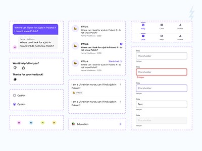 Components library - Friend In Need categories chat clean ui components design system details feedback input interface listing minimal mobile design navigation radio refugee ui ui kit unred volunteer