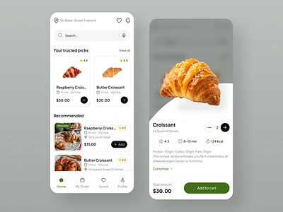 Food Delivery Service App app design app ui appdesign croissant app delivery app design dessert dribbble best shot fluttertop food and drink food app food app design food app ui food delivery food delivery app mobile app ui mobile design restaurant app ui yummy