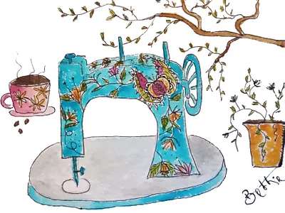 Whimsical Illustration - Sewing Machine naive art sewing machine watercolour whimsical illustration