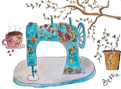 Whimsical Illustration - Sewing Machine naive art sewing machine watercolour whimsical illustration