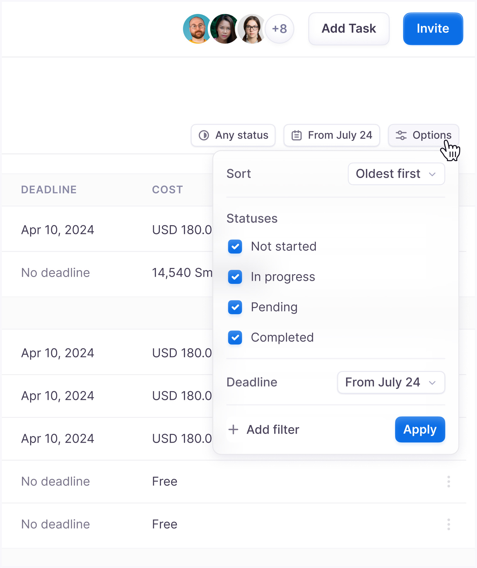 Task List dashboard dropdown interface list product design saas table ui ux