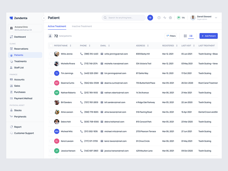 Zendenta - List of Active Patient Treatments clinic dental manage management patient product design saas treatment ui ui design ux ux design web app web design