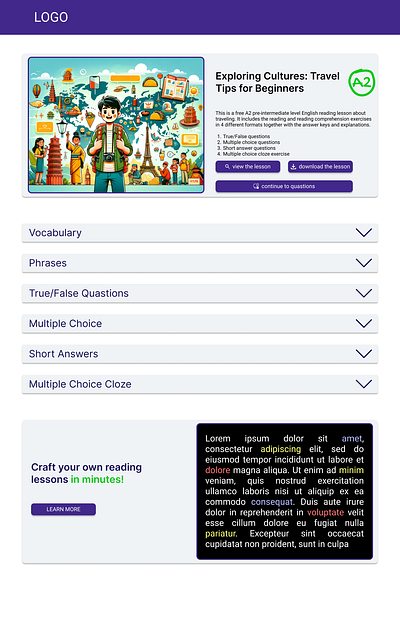 Language Learning Website - Reading Page UI/UX Design figma responsive design ui ux website design