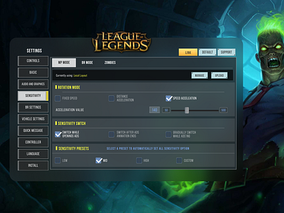 League of Legends Settings Menu Redesign 3d controller e sports figma game game design glassmorphism graphic design gui illustration league of legends moba mobile app redesign setting settings menu ui design ux design vision zombie