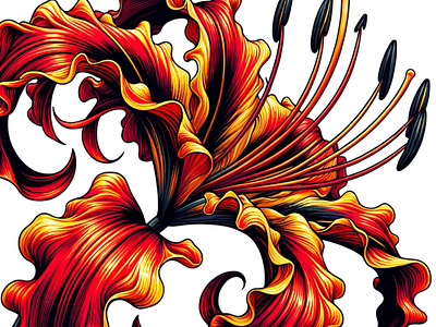 Gloriosa's Fiery Dance by Aravind Reddy Tarugu aravind art botanical art color burst design detailed illustration energetic swirl exotic flower fiery petals floral vector full bloom gloriosa lily graceful curves illustration nature art red yellow reddy tarugu vector vibrant